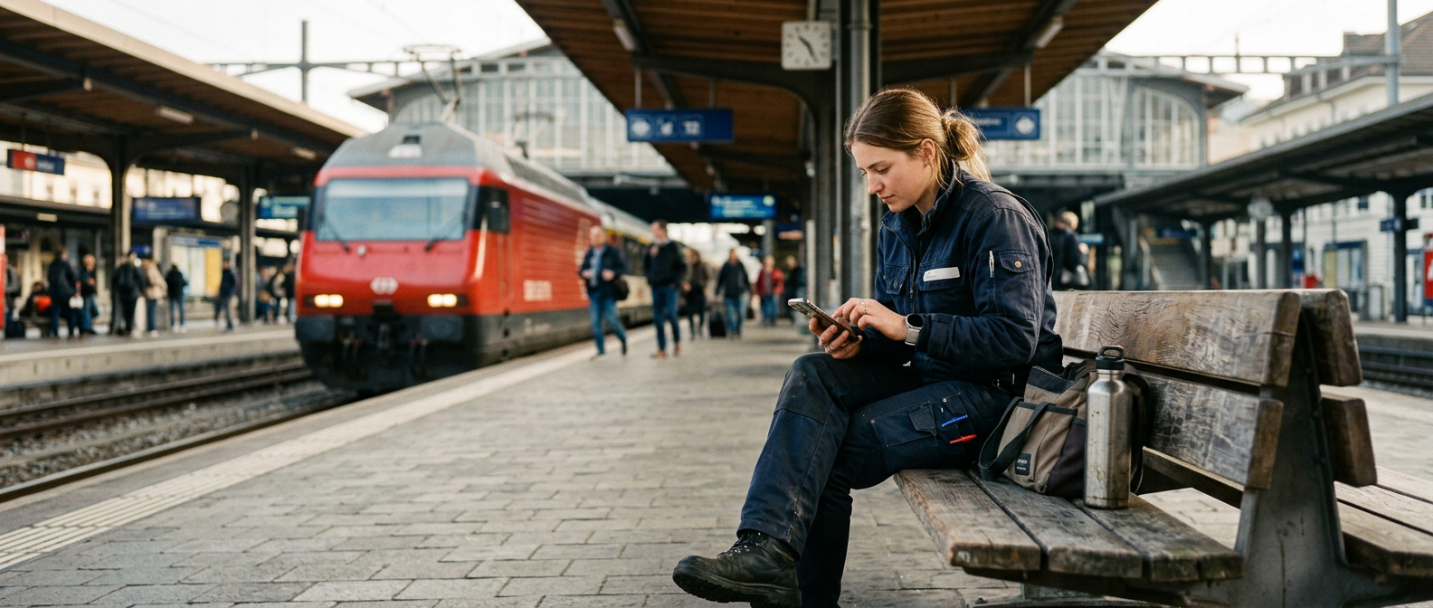 Eine Fachkraft in Arbeitskleidung schickt am Bahnsteig auf dem Handy eine Bewerbung ab.