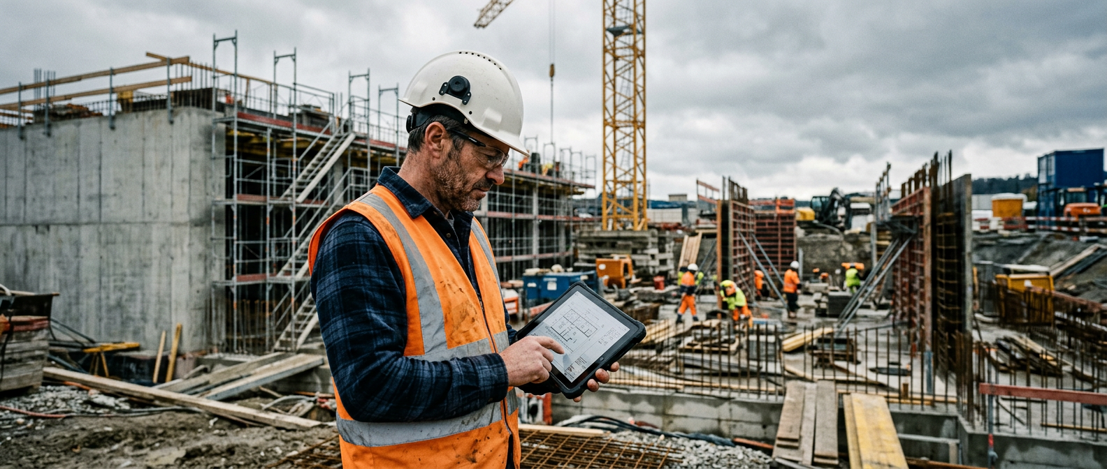 Bau & Holzbau: Bauführer oder Polier auf der Baustelle, halbnah, mit Plan oder Tablet. Echte Baustelle eines Kundenbetriebs.