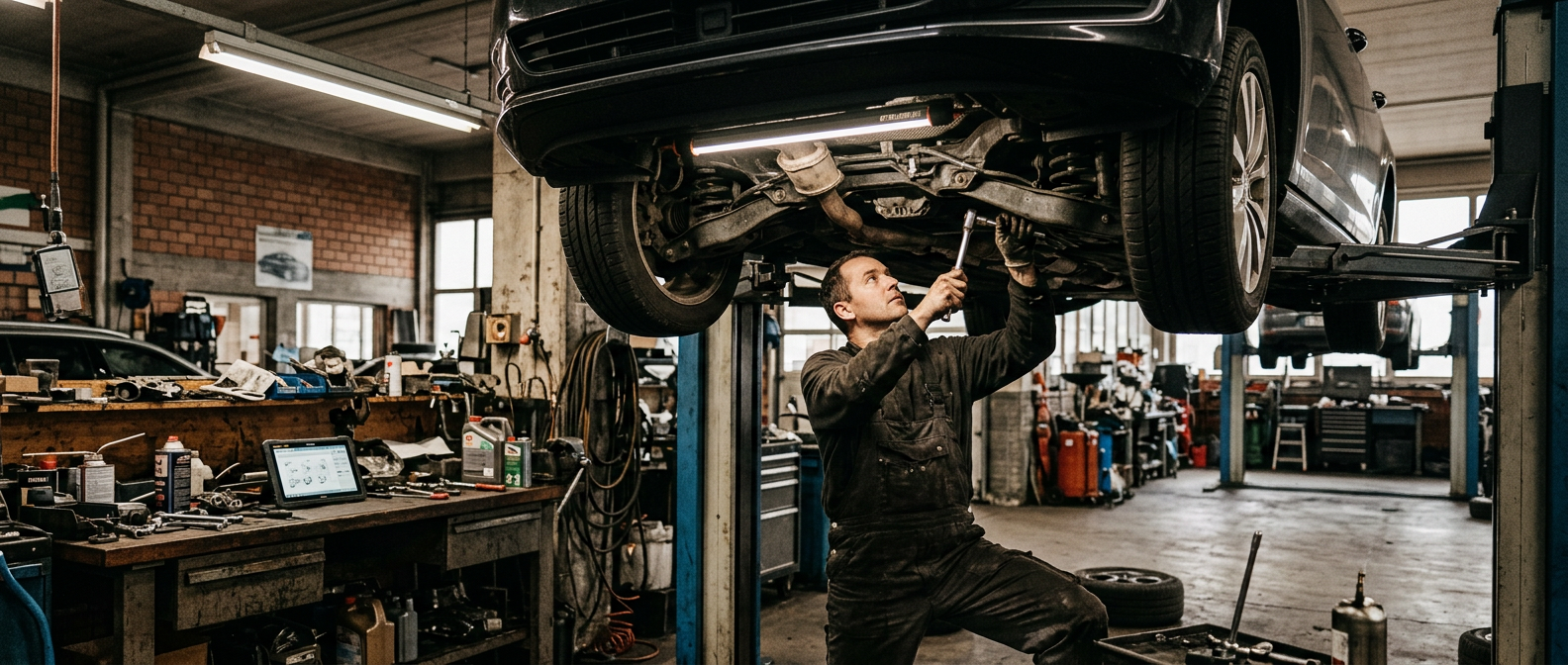 Mechanik & Werkstätten: Automechatroniker in der Werkstatt, an der Hebebühne oder am Diagnosegerät. Echter Betrieb, echtes Werkzeug, keine aufgeräumte Showroom-Szene.