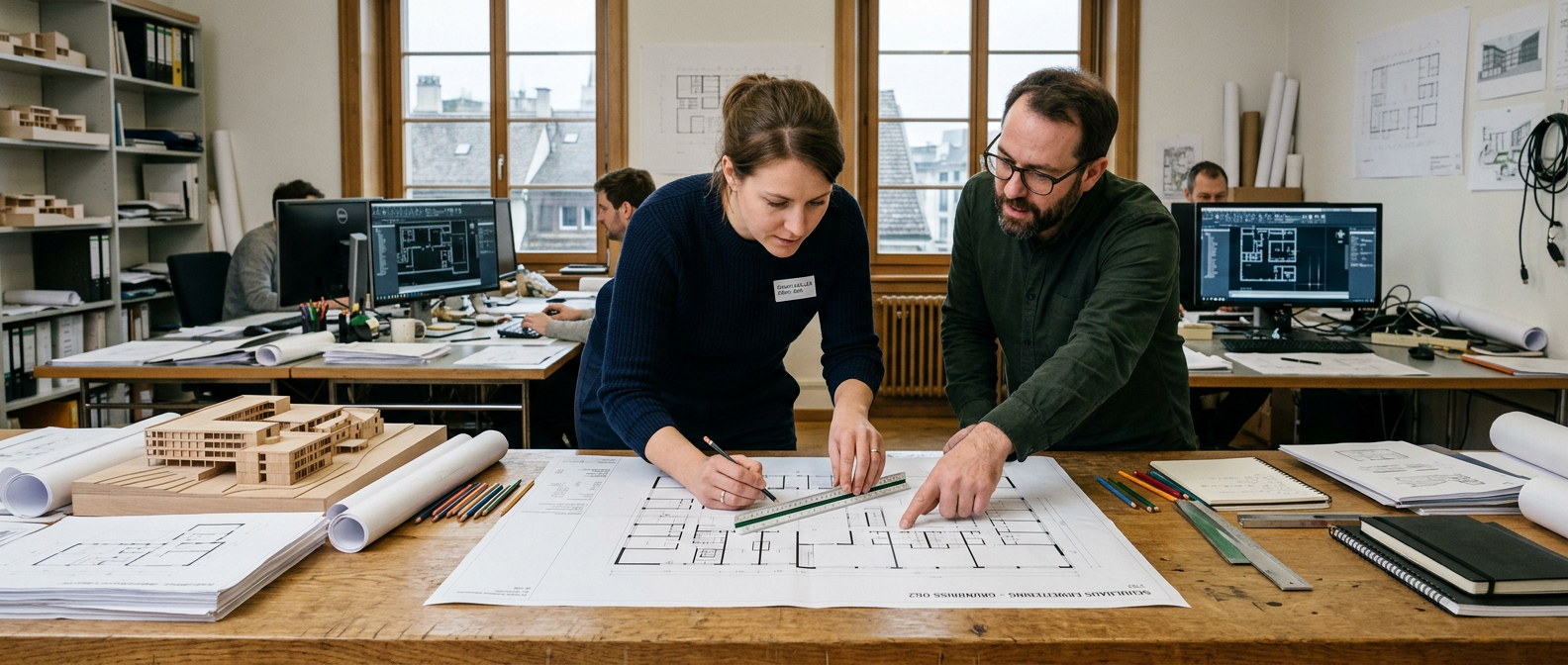 Planung & Architektur: Architektin oder Zeichner am Planungstisch oder bei der Baustellenbegehung. Echtes Büro, echte Pläne, keine Glasfassaden-Szene.