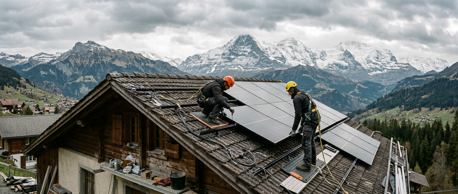 Gebäudetechnik: Montageteam auf einem Dach bei der Solarinstallation oder Elektriker in der Verteilung. Echte Baustelle, echtes Wetter.
