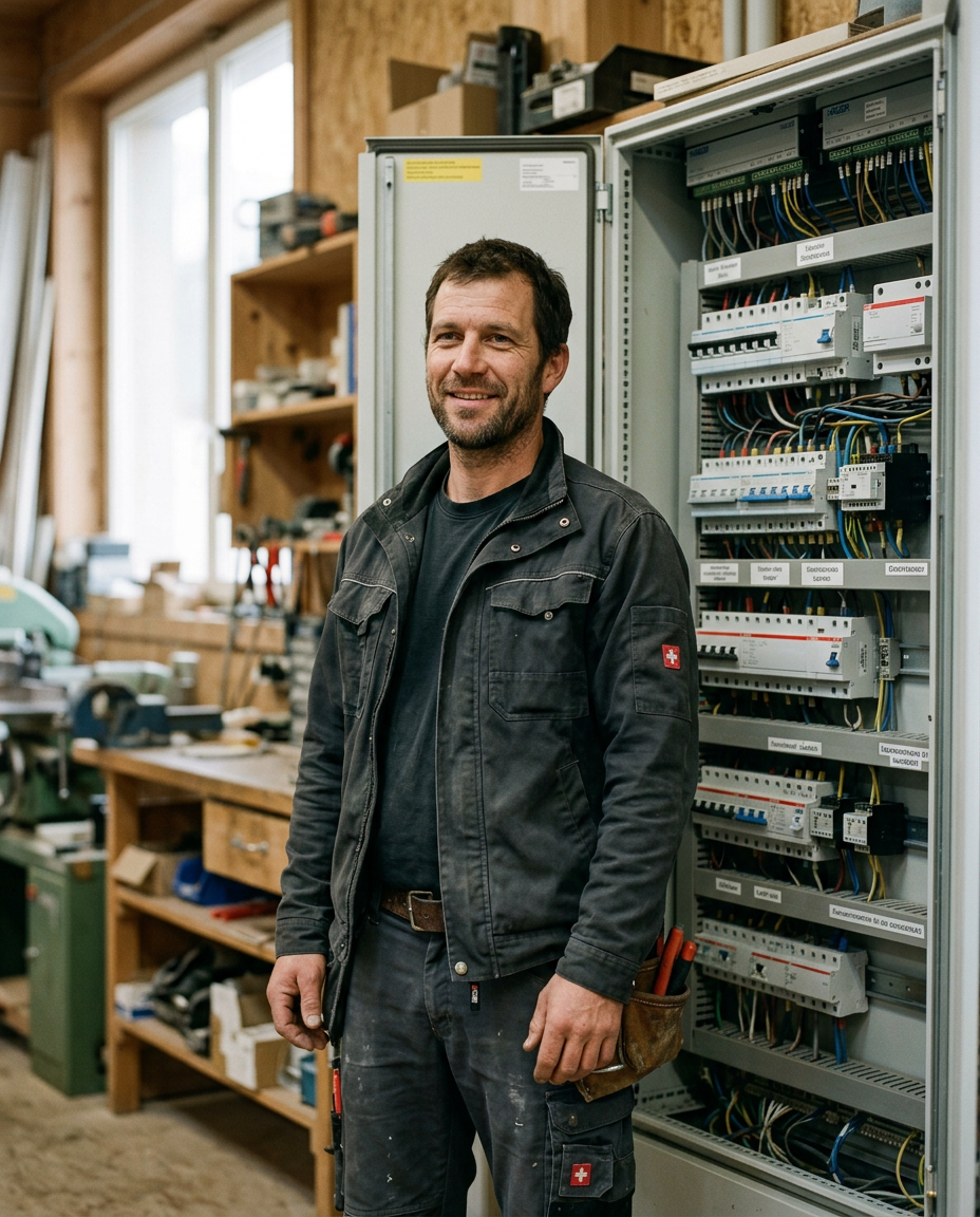 Ein zufriedener Elektriker vor einem offenen Verteilerschrank in seiner Werkstatt.