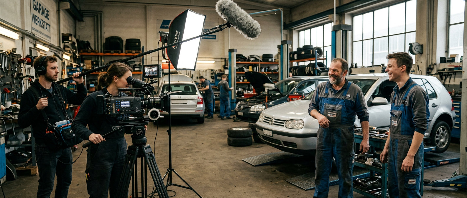 Media Day in einer Garage: Das Filmteam dreht mit zwei Mechanikern neben einem Auto auf der Hebebühne.