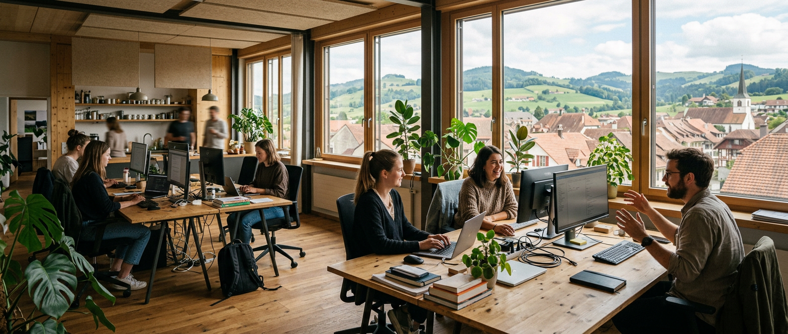 Das Vitalic-Büro bei Bern: Kolleginnen und Kollegen bei der Arbeit, im Fenster die Hügel der Region.