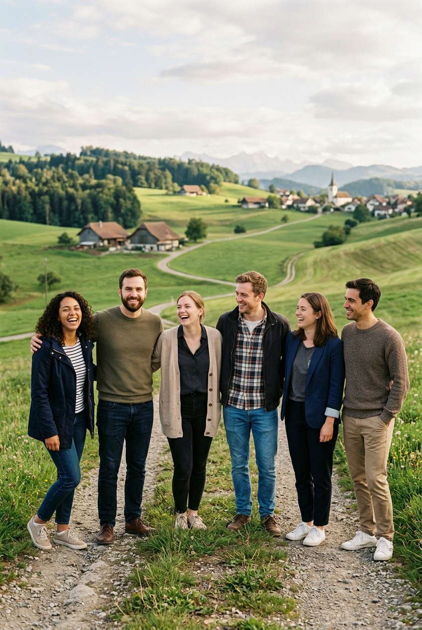 Das Vitalic-Team draussen in der Region Bern, lachend vor grünen Hügeln.